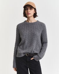 kaschmirpullover mit zopfmuster und rundhalsausschnitt – anthrazit meliert