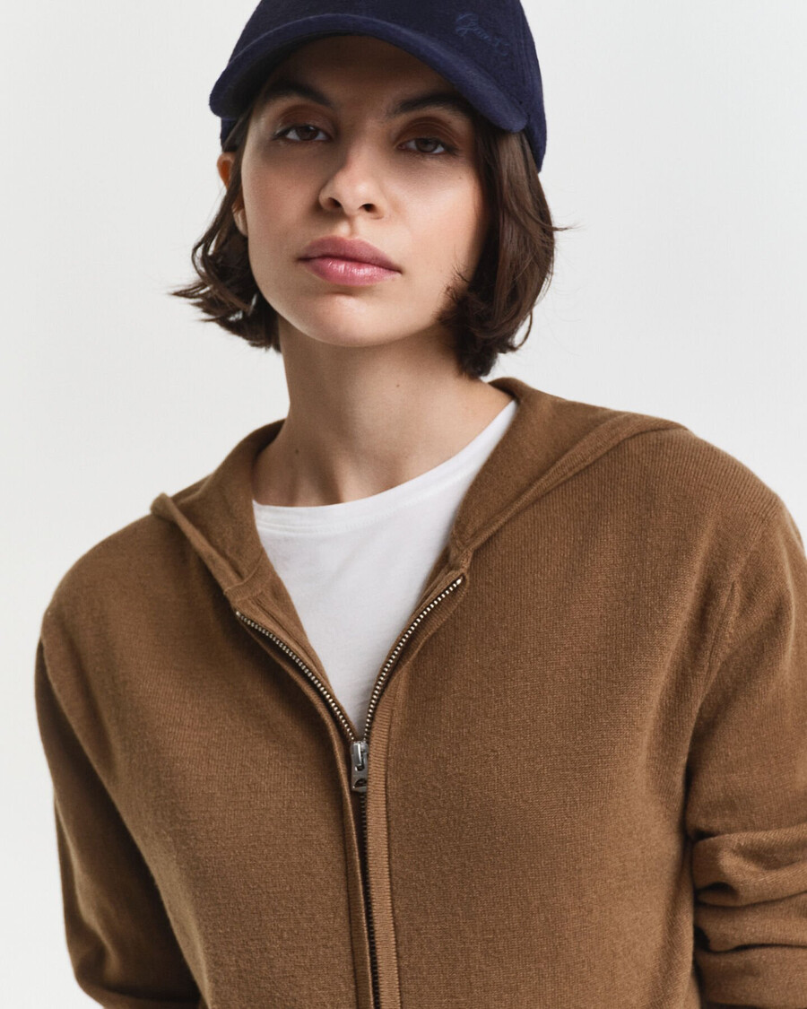 superfeiner lammwoll-kapuzenpullover mit reißverschluss – warmes khaki
