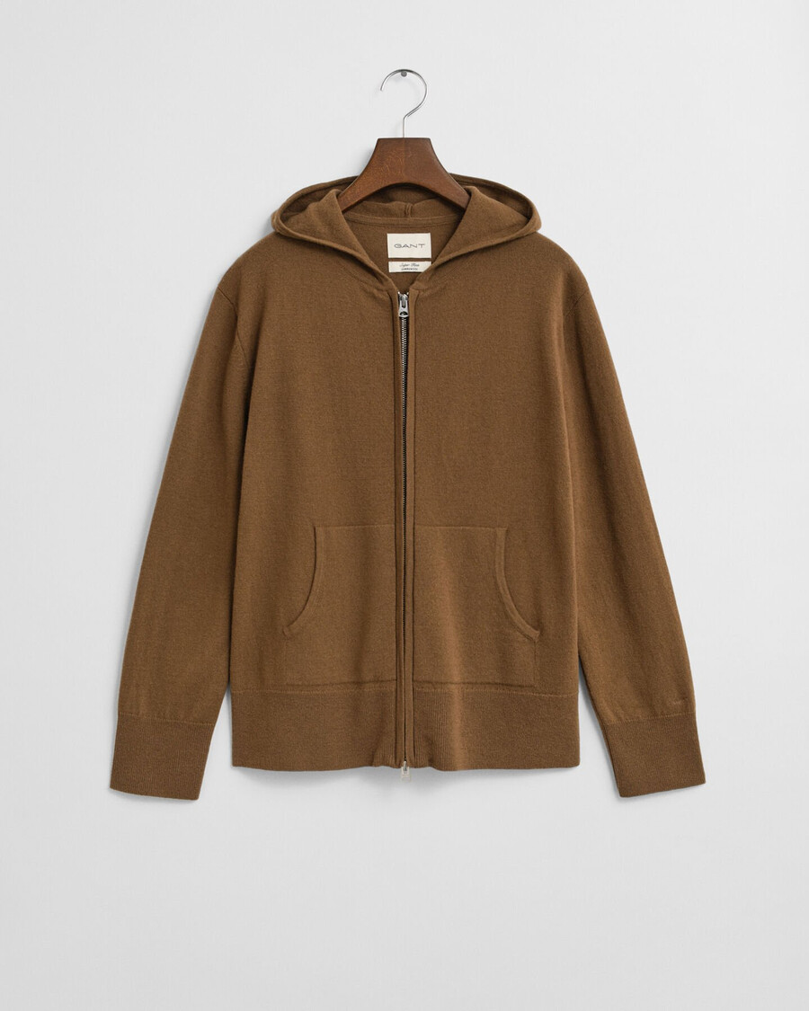 superfeiner lammwoll-kapuzenpullover mit reißverschluss – warmes khaki