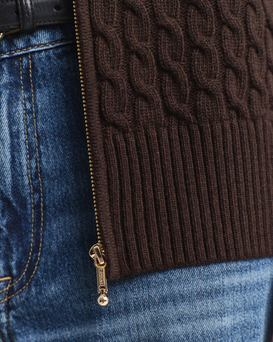 zopfstrick-strickjacke mit reißverschluss – dunkelbraun