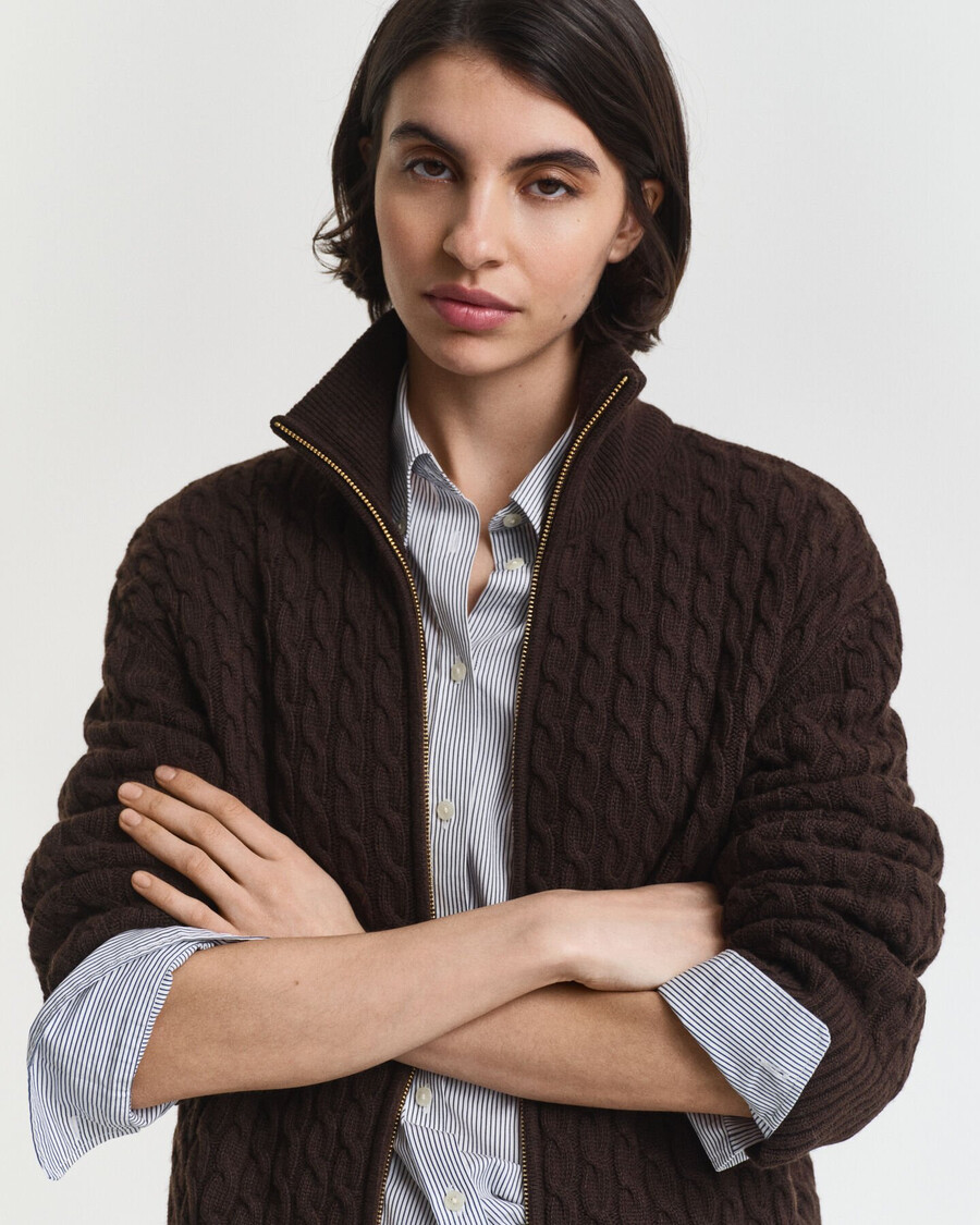 zopfstrick-strickjacke mit reißverschluss – dunkelbraun