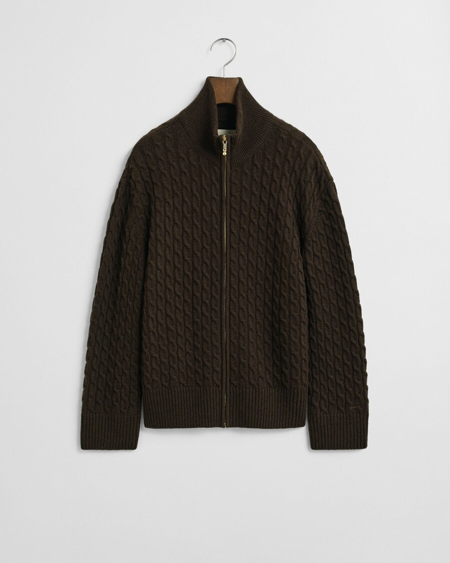 zopfstrick-strickjacke mit reißverschluss – dunkelbraun