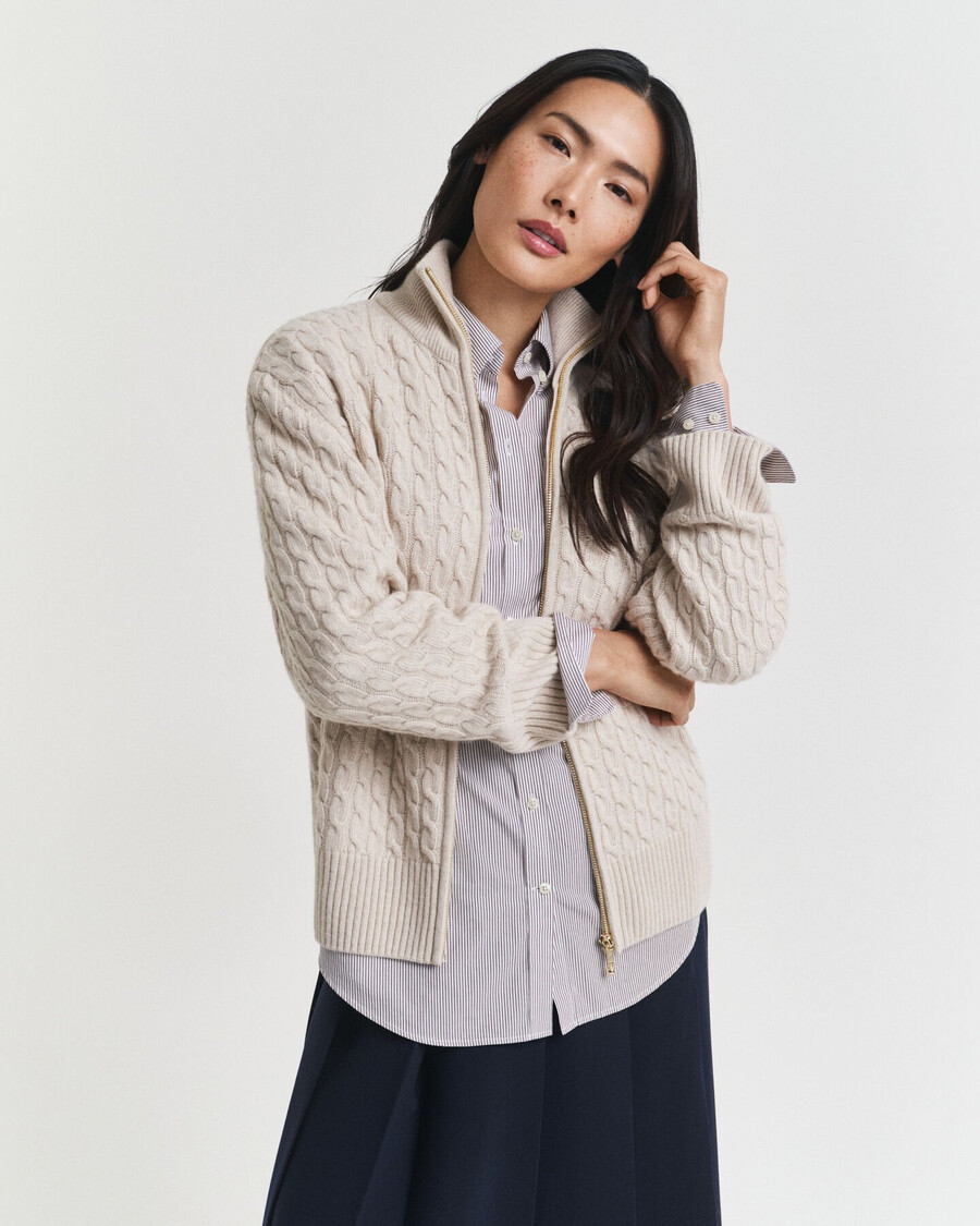 zopfmuster-strickjacke mit reißverschluss - saatmeliert