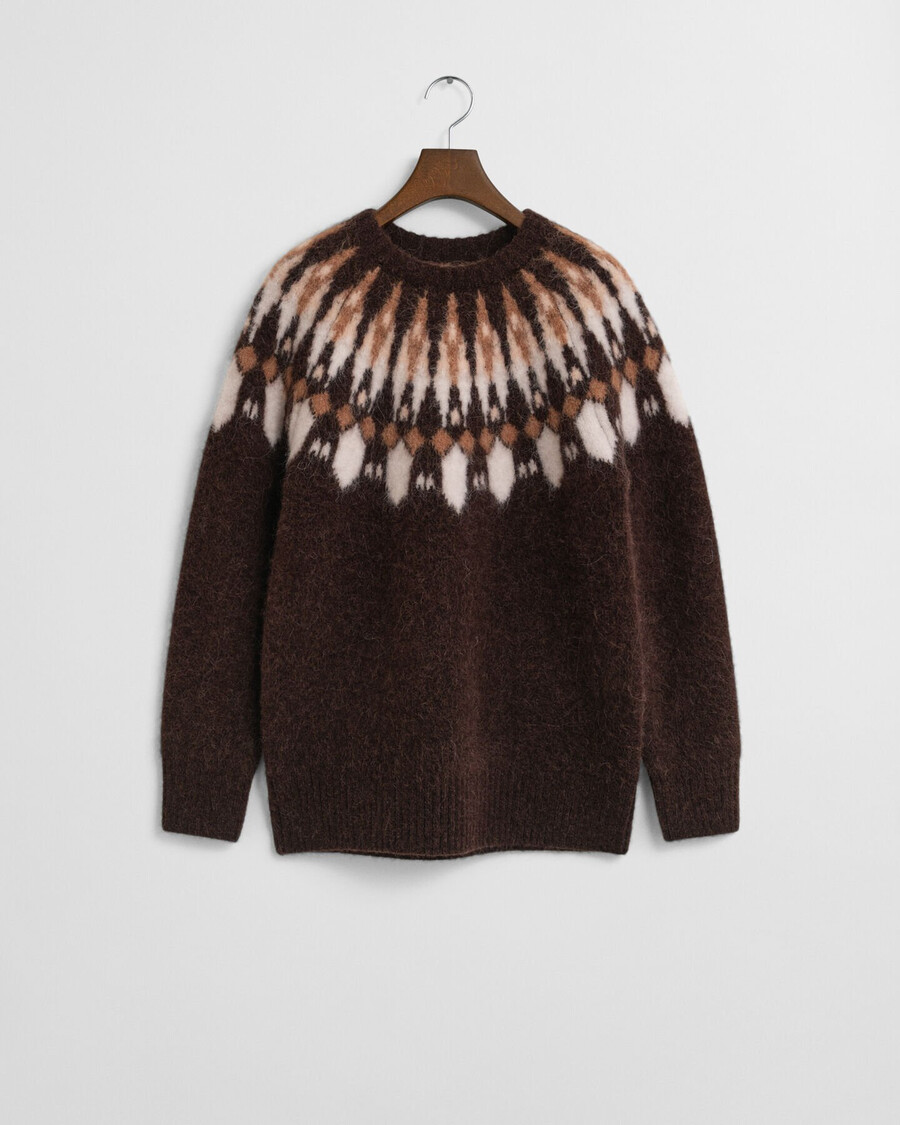 alpaka-mischgewebe-fair-isle-pullover mit rundhalsausschnitt – dunkelbraun