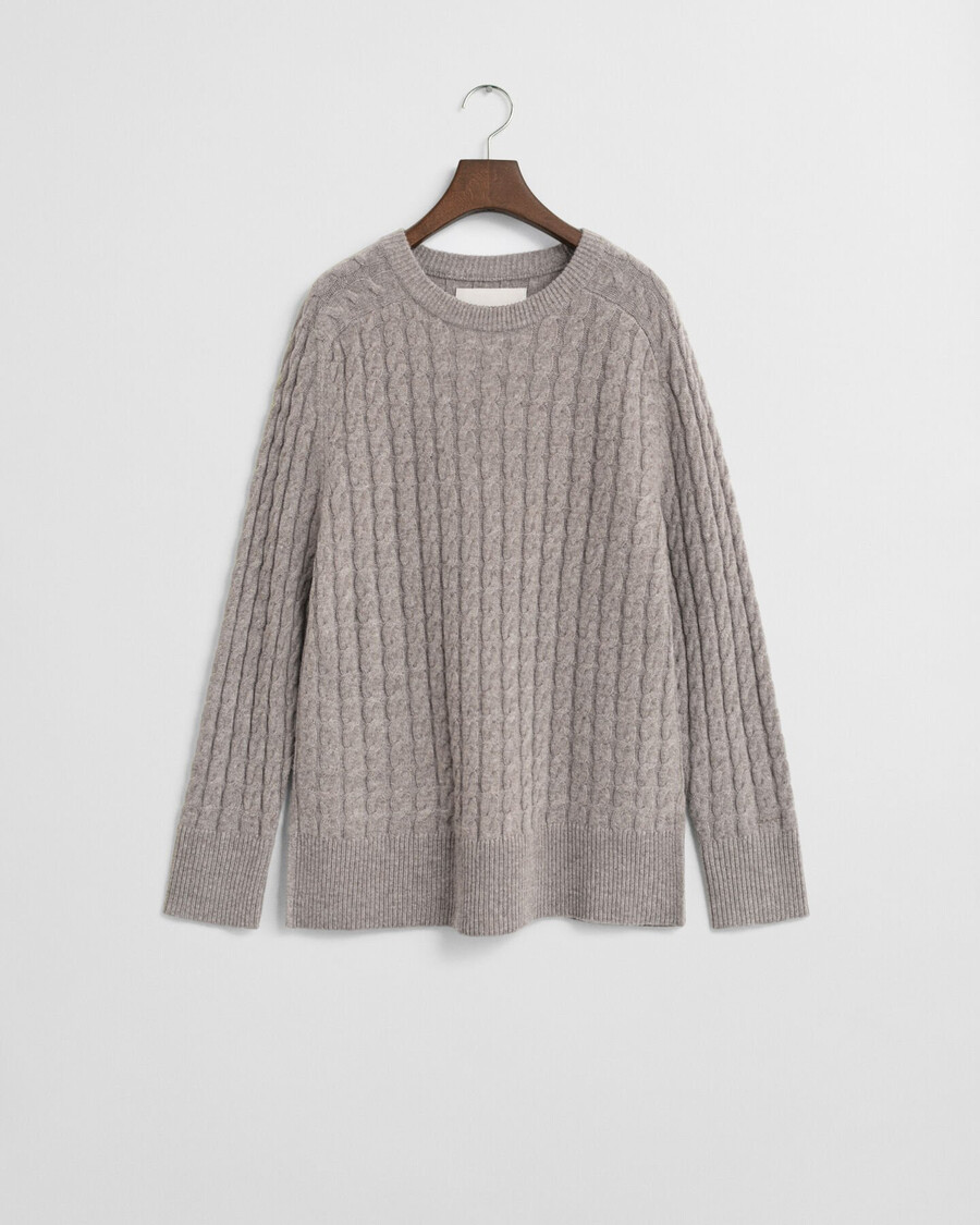 wollpullover mit zopfmuster und rundhalsausschnitt – taupe-beige