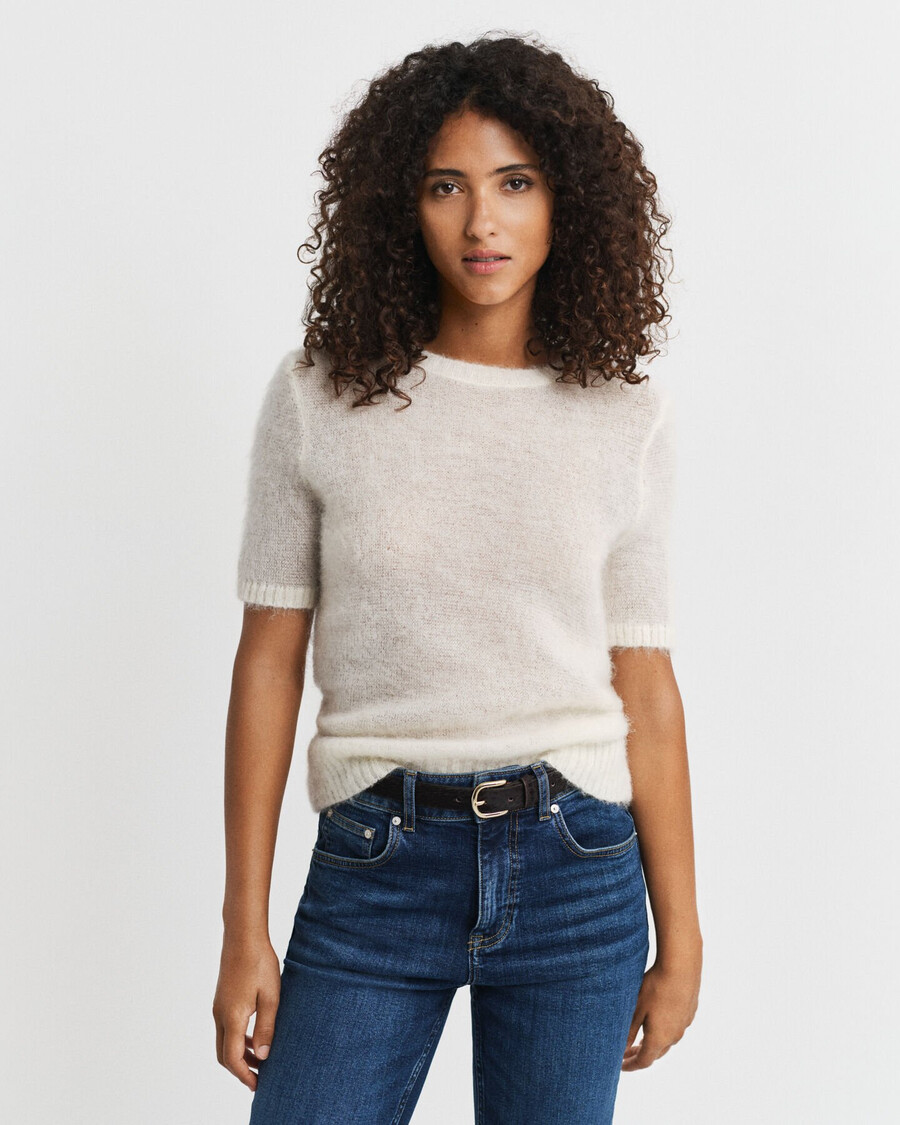 kurzarmpullover aus mohairmischung mit rundhalsausschnitt – creme