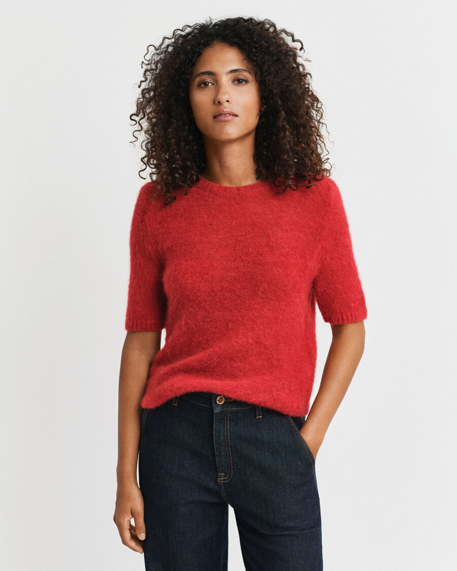 kurzarmpullover aus mohairmischung mit rundhalsausschnitt – rubinrot