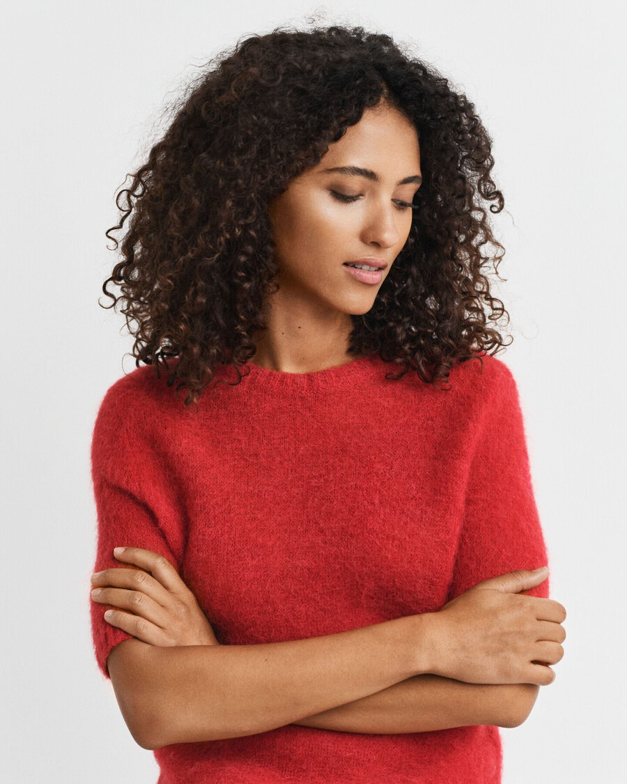 kurzarmpullover aus mohairmischung mit rundhalsausschnitt – rubinrot