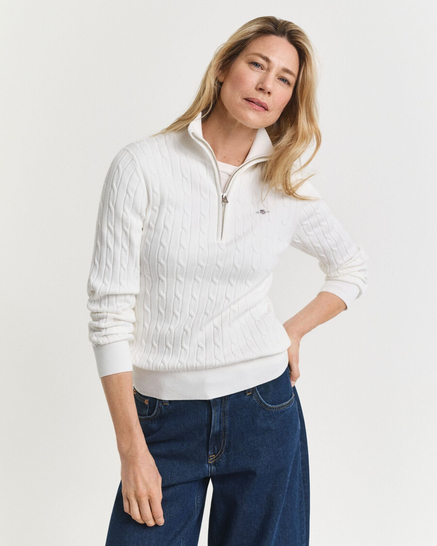 halbzip-pullover aus stretch-baumwolle mit zopfmuster – eierschale