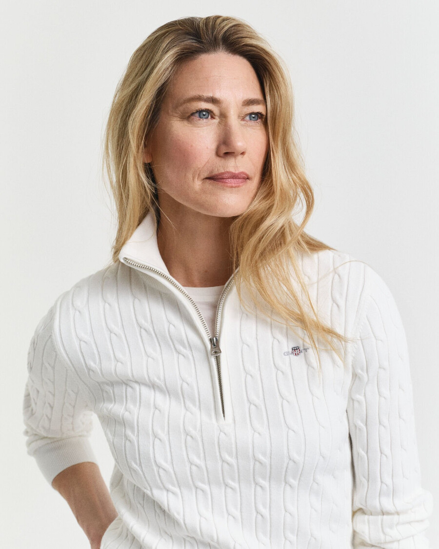 halbzip-pullover aus stretch-baumwolle mit zopfmuster – eierschale