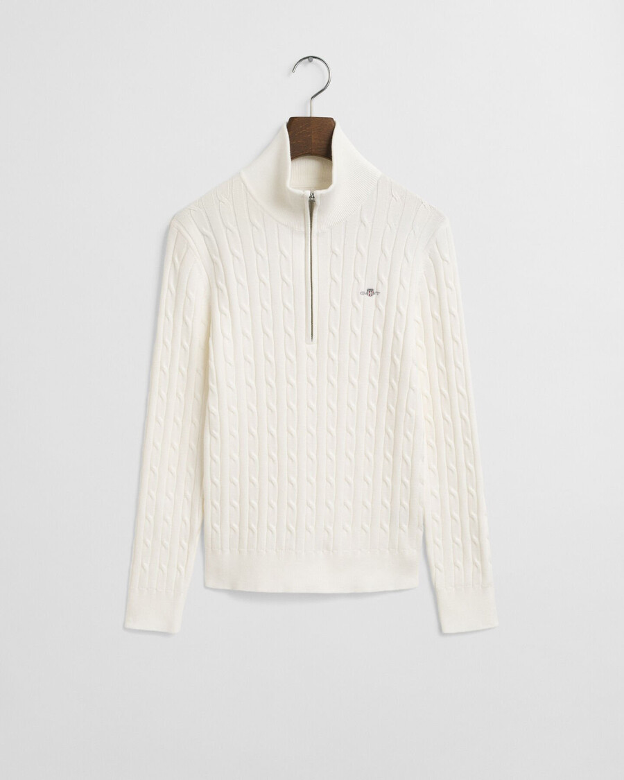 halbzip-pullover aus stretch-baumwolle mit zopfmuster – eierschale
