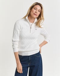 halbzip-pullover aus stretch-baumwolle mit zopfmuster – eierschale
