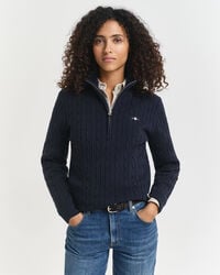halbzip-pullover aus stretch-baumwolle mit zopfmuster – abendblau