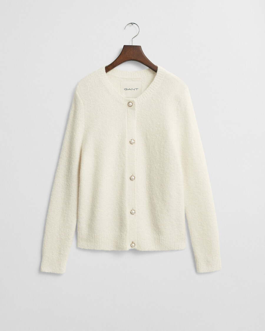 bouclé-strickjacke mit rundhalsausschnitt – creme