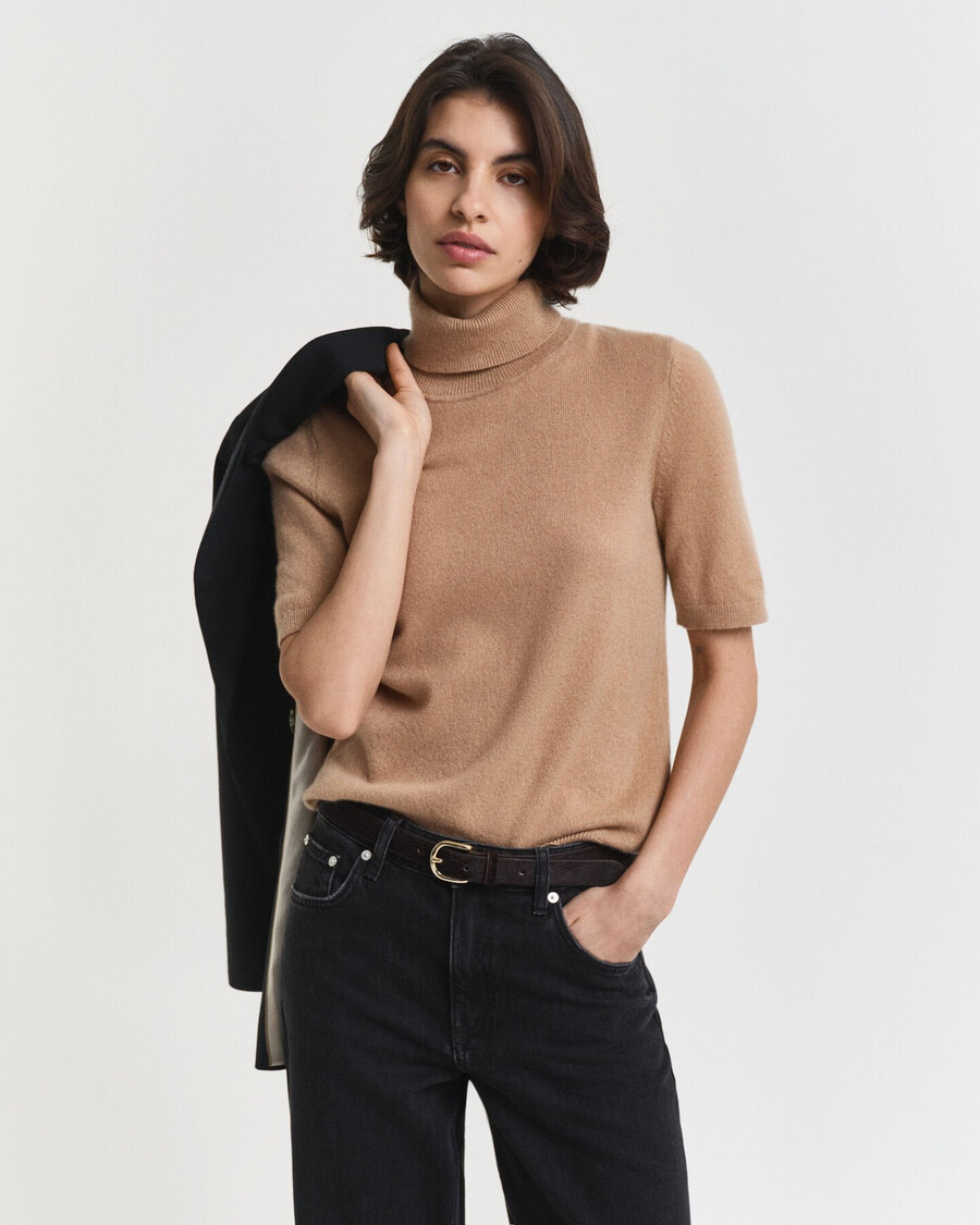 kurzärmeliger kaschmir-rollkragenpullover – warmes khaki