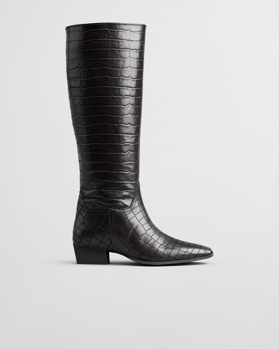 bassotte kniehohe stiefel aus leder mit krokodilprägung – dunkelbraun