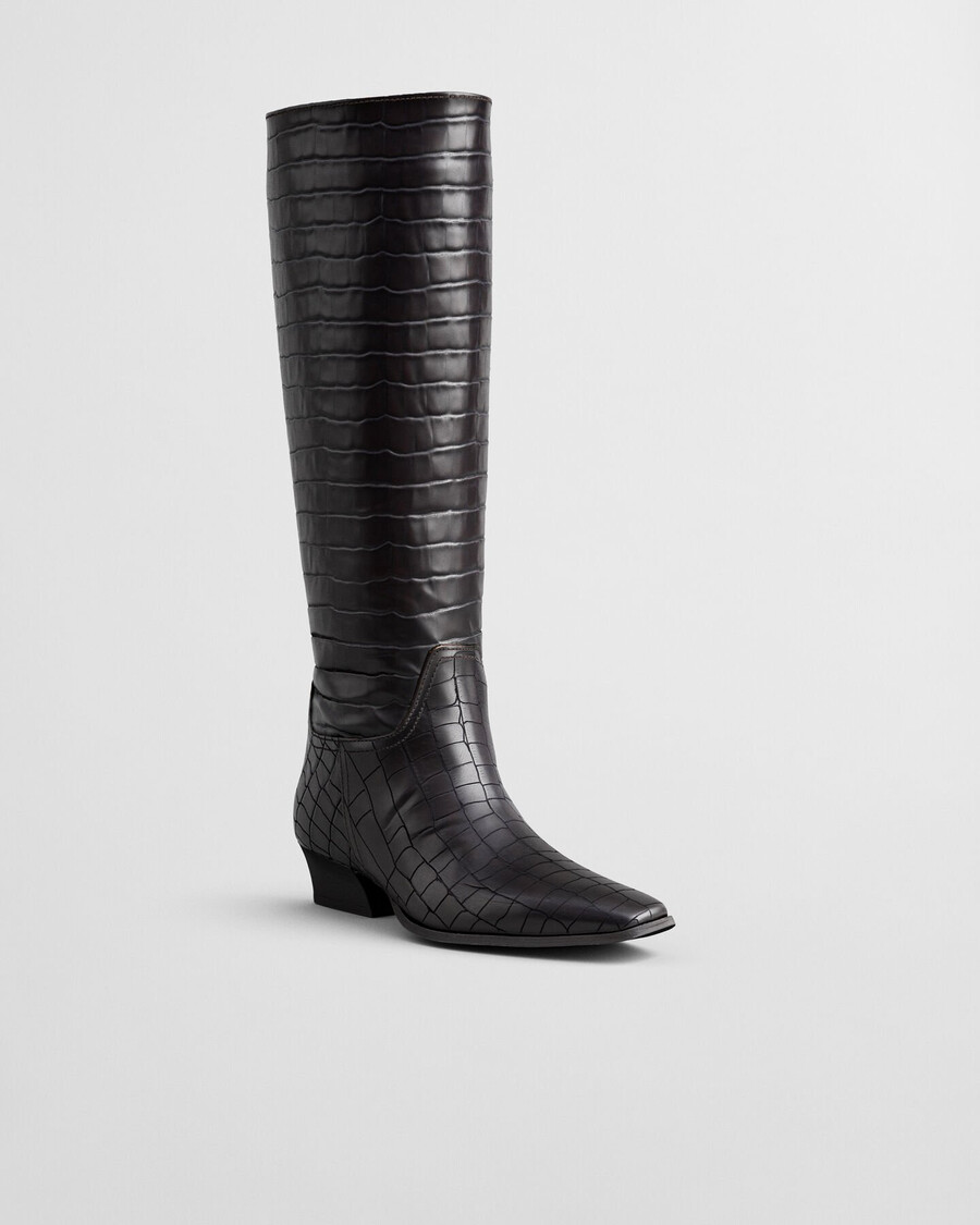 bassotte kniehohe stiefel aus leder mit krokodilprägung – dunkelbraun