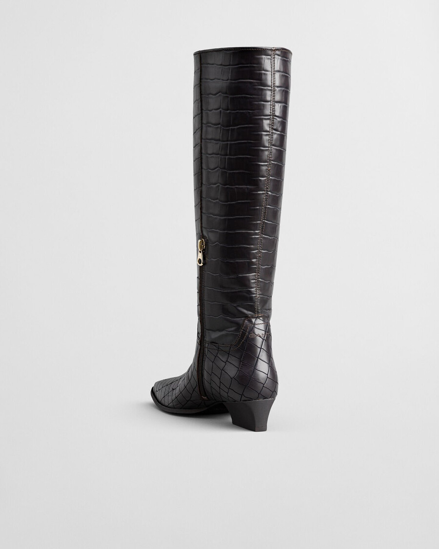 bassotte kniehohe stiefel aus leder mit krokodilprägung – dunkelbraun