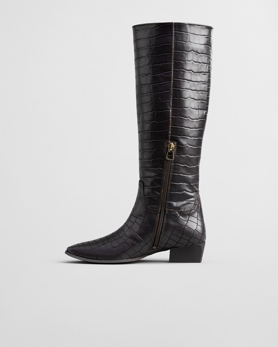 bassotte kniehohe stiefel aus leder mit krokodilprägung – dunkelbraun